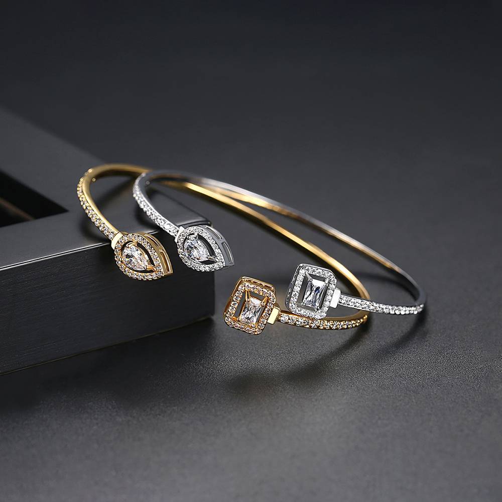 Luxury Personality Girls Bling Square Cubic Zircon Bracelets Women Water Drop Full Zircon Opening Cuff Bangle Engagement Jewelry