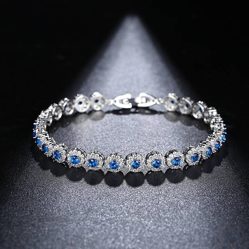 High Quality Luxury Girls CZ Flower Design Bracelet Exquisite Ladies Shiny Blue Cubic Zircon Hand Chain Engagement Party Jewelry
